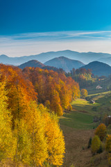 Naklejka na ściany i meble October autumn scenery in remote mountain area in Transylvania