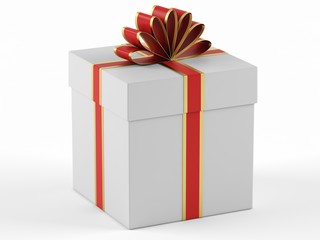 Gift box with red ribbon bow on white background. 3D rendering