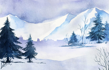 Winter landscape. Watercolor landscape illustration. Christmas b