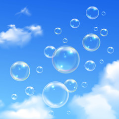 Soap Bubbles Blue Sky Realistic Background 