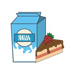 milk box beverage with piece of cake sweet dessert. vector illustration
