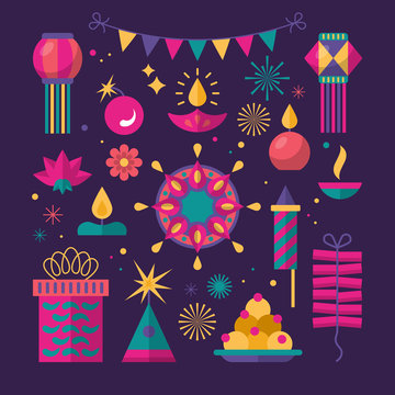 Diwali Hindu festival flat modern elements for graphic and web d