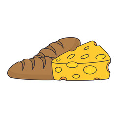 bread bakery product and piece of cheese. vector illustration