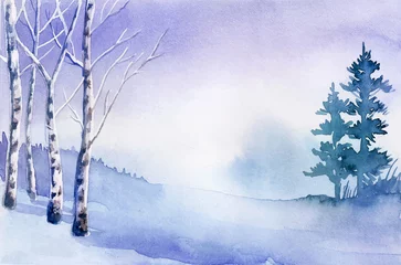  Winterlandschap. Aquarel landschap illustratie. kerstmis © brontazavra