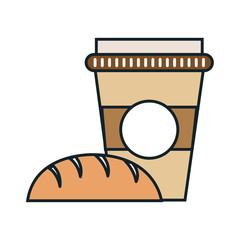 disposable coffee mug and bread bakery product. vector illustration