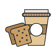disposable coffee mug and toast bakery product. vector illustration