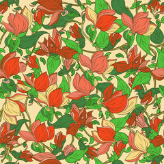 Seamless pattern of flowers and leaves of the branches. very detailed doodles