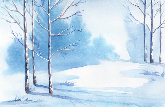 Winter landscape. Watercolor landscape illustration. Christmas b
