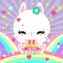 Little cute white bunny with a cake on rainbow. Magic world. Birthday. Greeting card. Children's poster.