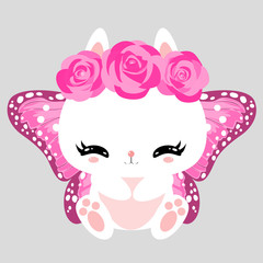 Little cute white bunny with pink roses and butterfly wings. Romantic character. Greeting card. Beautiful sticker.