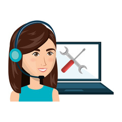 avatar woman smiling with headset and laptop with repair tools icon. call center and technical service. colorful design. vector illustration