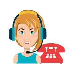 avatar woman with headset and telephone icon. call center and customer support. colorful design. vector illustration