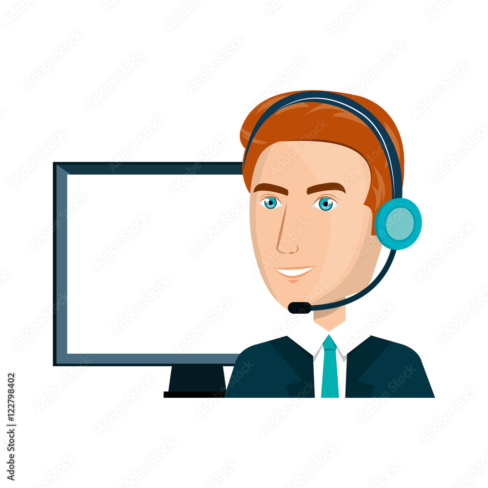 Poster avatar man with headset and monitor computer icon. call center and customer support. colorful design