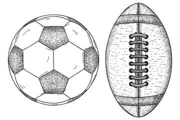 Photo sur Aluminium Sports de balle Soccer ball and american football ball. Hand drawn sketch
