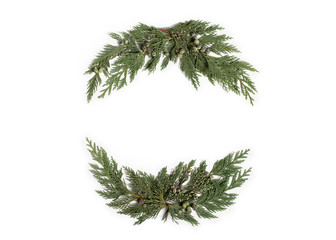 Christmas concept - frame wreath with evergreen Cupressus  - obrazy, fototapety, plakaty