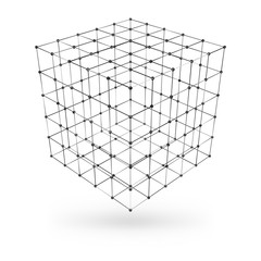 Wireframe polygonal geometric element. Cube with connected lines and dots. Vector Illustration on white background with shade