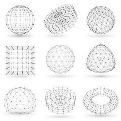 Set of wireframe polygonal elements. Abstract geometric 3D objects with connected lines and dots. Set of vector illustrations on white background with shades
