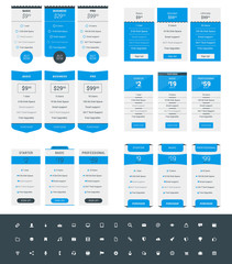 Set of Pricing Table Design Templates for Websites and Applications. Vector Pricing Plans with Icon Set. Blue and Black Colors. Flat Style Vector Illustration