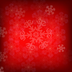 Naklejka na ściany i meble Red christmas snowflakes background with lights. Abstract vector illustration. Decorative background for holiday greeting card