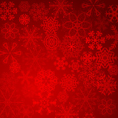 Naklejka na ściany i meble Red christmas snowflakes background with lights. Abstract vector illustration. Decorative background for holiday greeting card