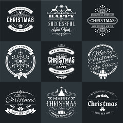 Set of Merry Christmas and Happy New Year Decorative Badges for Greetings Cards or Invitations. Vector Illustration in White and Black Colors