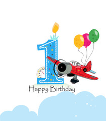 First birthday greeting card. Air plane and balloon happy birthday boy greeting card