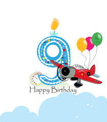 Ninth birthday greeting card. Air plane and balloon happy birthday boy greeting card