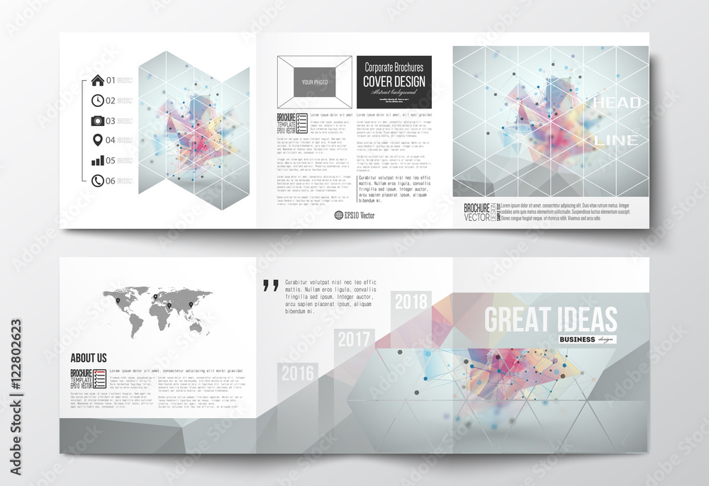 Aufkleber set of tri-fold brochures, square design templates. molecular construction with connected lines and 