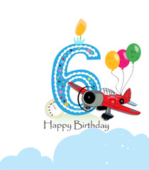 Sixth birthday greeting card. Air plane and balloon happy birthday boy greeting card