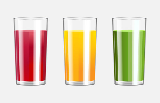 Glass cups with juice. Red, Green, Yellow drinks. Realistic vector objects.