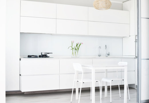 Empty clean modern white kitchen interior. design concept. Contemporary style.