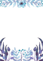 Watercolor Blue Leaves, Berries And Flowers Card