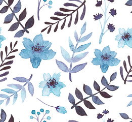 Watercolor Blue Flowers And Leaves Seamless Pattern
