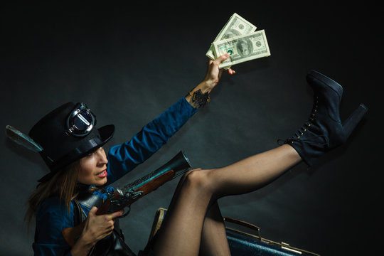 Steampunk girl with cash.