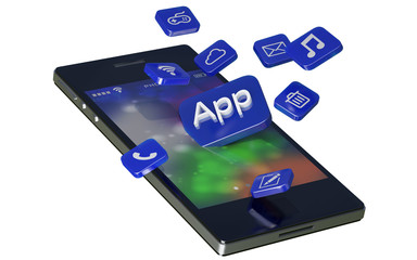 Smartphone with cloud of application icons isolated on white background.