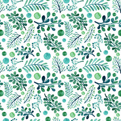 Watercolor Green Leaves And Spots Seamless Pattern