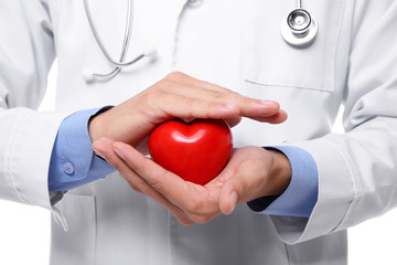 Male doctor holding red heart in hands, closeup