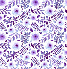 Watercolor Bright Violet Flowers And Leaves Seamless Pattern