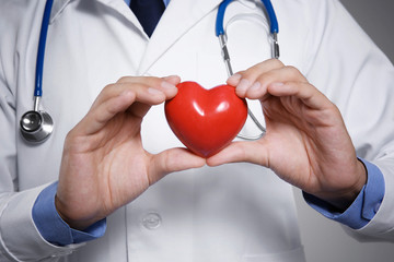 Male doctor holding red heart, closeup
