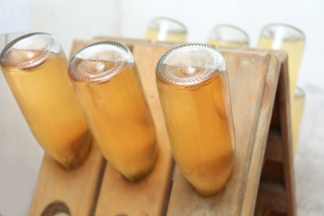 Bottles with wine on shelf in cellar