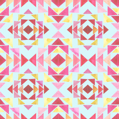 Seamless Pattern with Watercolor Pink And Yellow Triangles on Light Blue Background