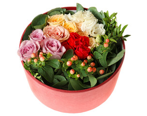 Floral arrangement in box isolated on white