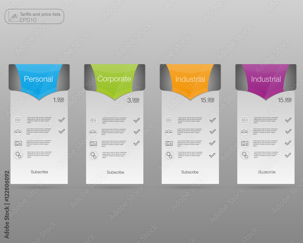 Aufkleber set tariffs banners. web pricing table. vector design for web app. 4 colored banners.