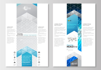 Blog graphic business templates. Page website design template, easy editable, flat layout. Abstract triangles, blue and gray triangular background, modern polygonal vector.