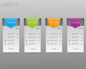 Set tariffs banners. Web pricing table. Vector design for web app. 4 colored banners.