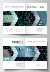 Business templates for brochure, magazine, flyer. Cover design template, flat layout in A4 size. Virtual reality, color code streams glowing on screen, abstract technology background with symbols.