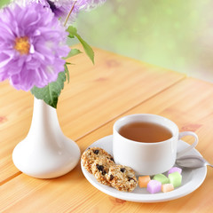 Breakfast still life. Cookies with cup of tea
