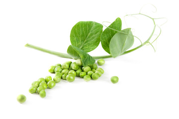 fresh pea fruit with green leaf isolated on white background