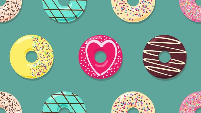 Falling and rotating colorful donuts on grey cyan background. Cartoon 2d looped animation.