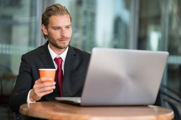 Fototapeta na wymiar Businessman using his laptop while drinking coffee